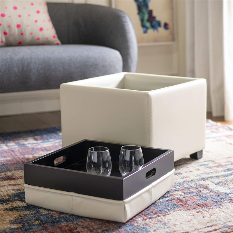 Safavieh Harrison Birch Wood Single Tray Leather Tray Ottoman in Cream