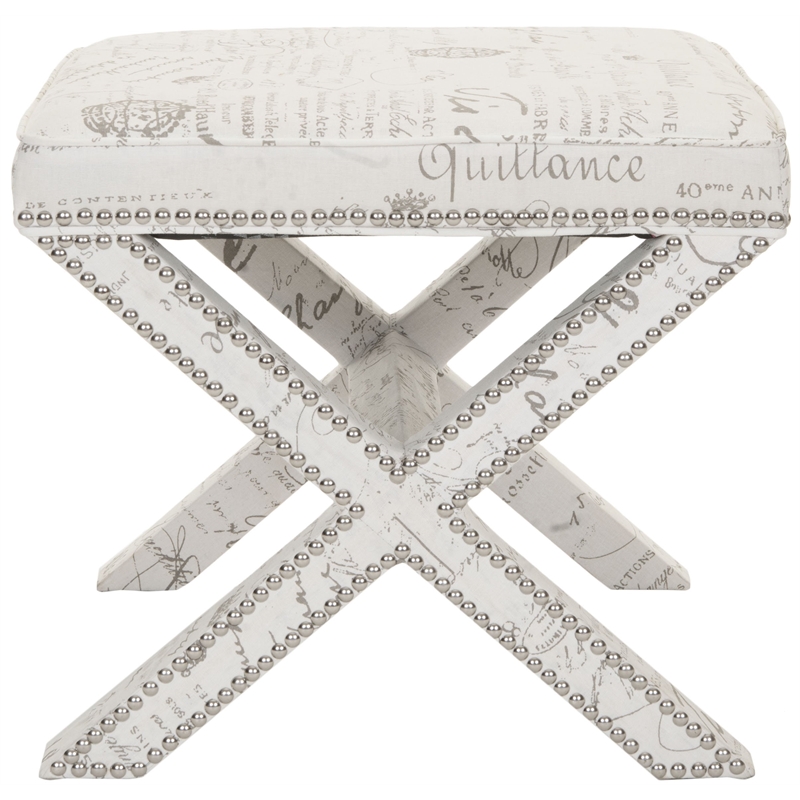 Safavieh Palmer Birch Wood Ottoman in White with French Writing