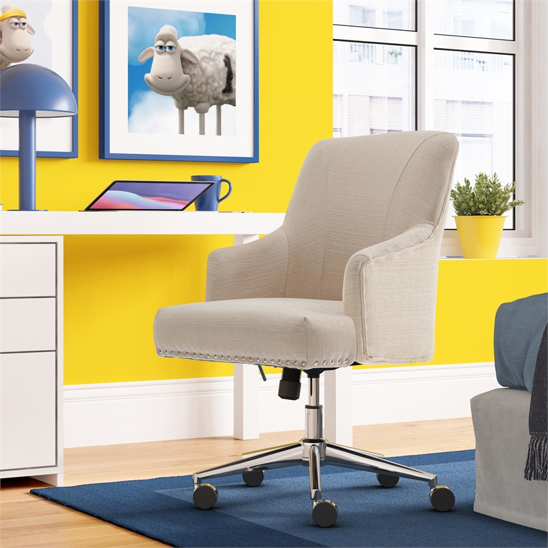 Serta Leighton Home Office Desk Chair Chrome Nailheads Twill Fabric Beige