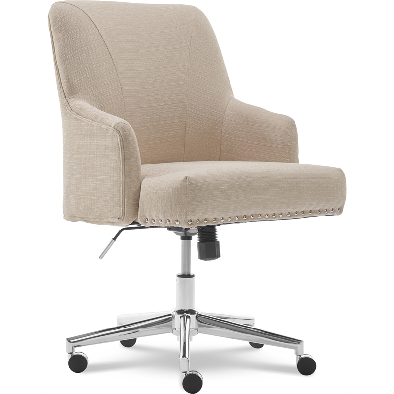Serta Leighton Home Office Desk Chair Chrome Nailheads Twill Fabric Beige