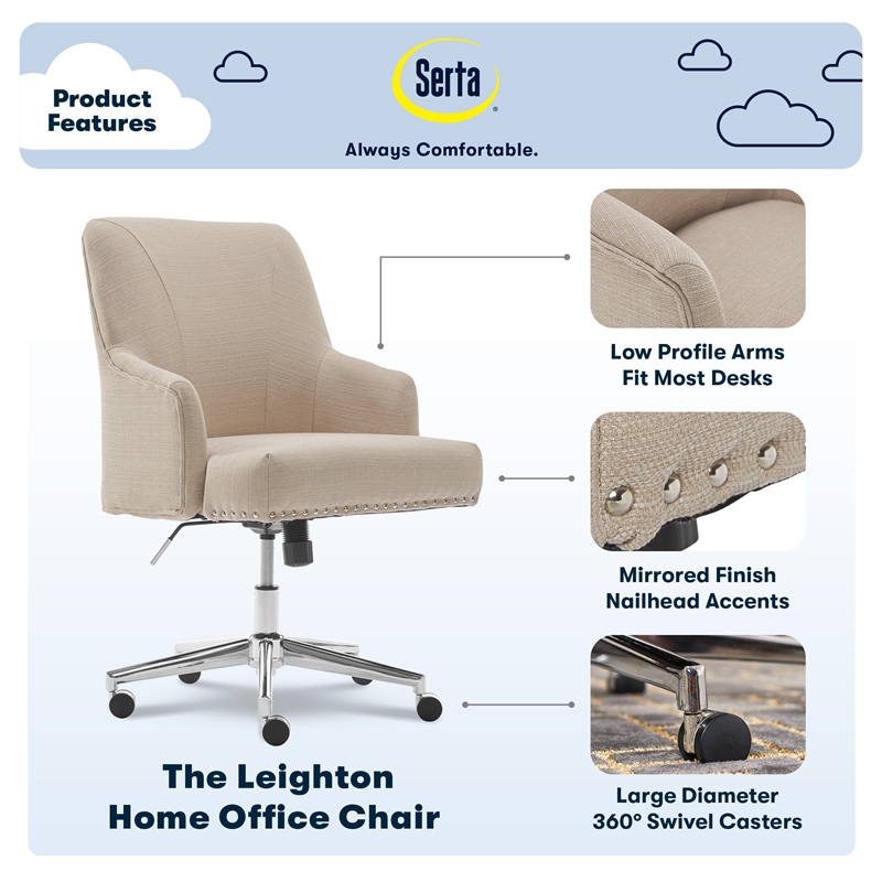Serta Leighton Home Office Desk Chair Chrome Nailheads Twill Fabric Beige