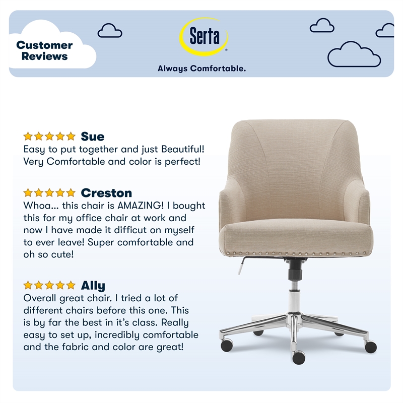 Serta Leighton Home Office Desk Chair Chrome Nailheads Twill Fabric Beige