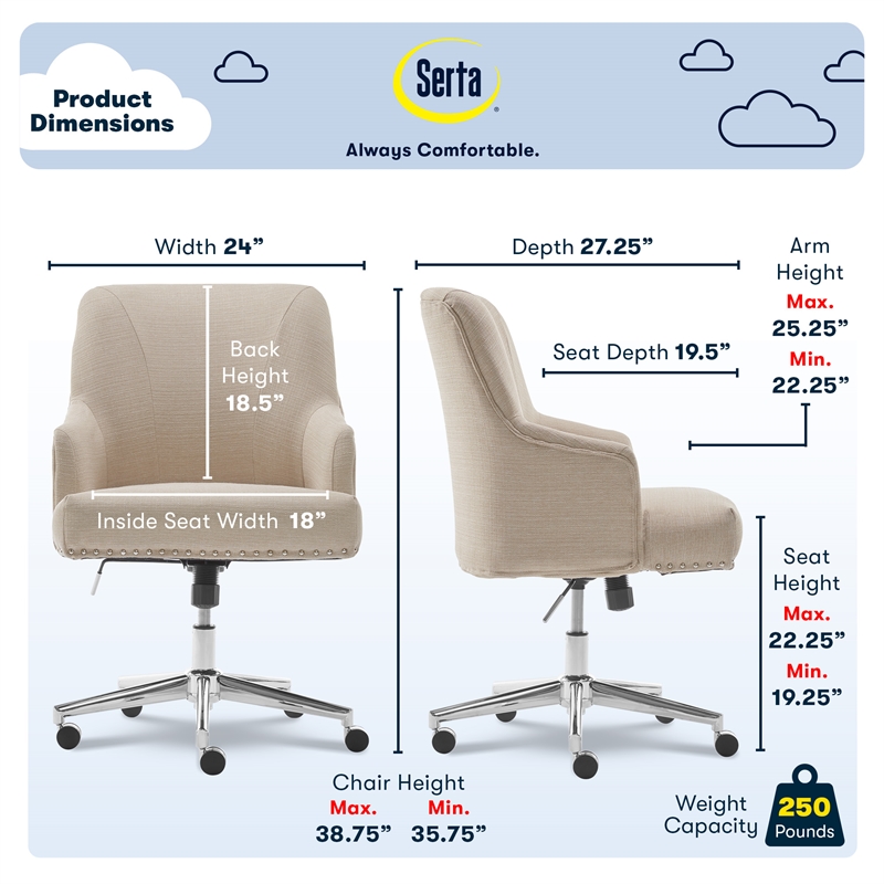 Serta Leighton Home Office Desk Chair Chrome Nailheads Twill Fabric Beige
