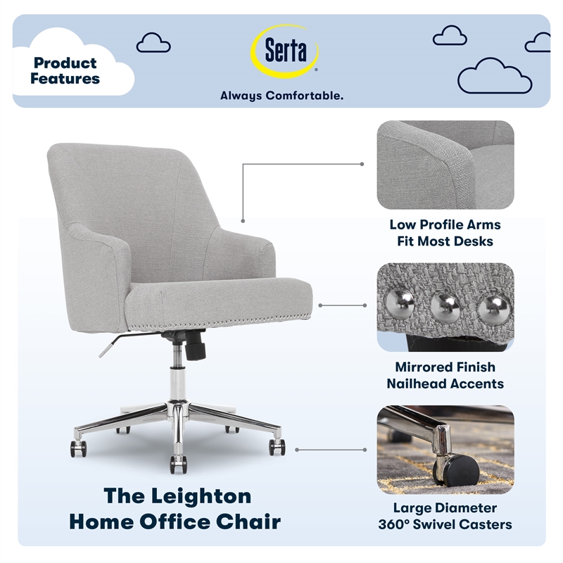 Serta Leighton Home Office Desk Chair Chrome Nailheads Twill Fabric Light Gray