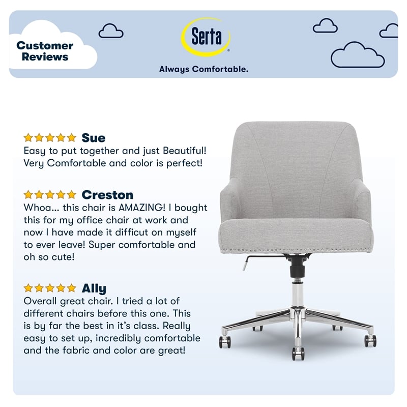 Serta Leighton Home Office Desk Chair Chrome Nailheads Twill Fabric Light Gray