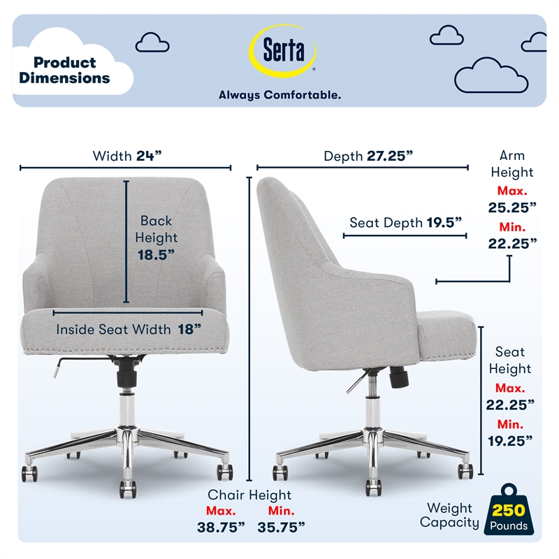 Serta Leighton Home Office Desk Chair Chrome Nailheads Twill Fabric Light Gray