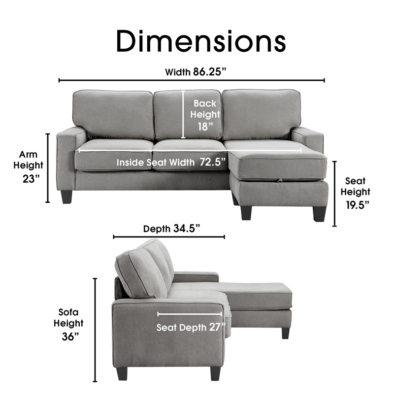 Serta Palisades 86 Reversible Small Space Sectional with Storage Soft Gray