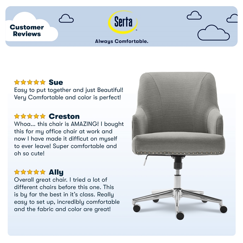 Serta Leighton Home Office Desk Chair Chrome Nailheads Twill Fabric Medium Gray