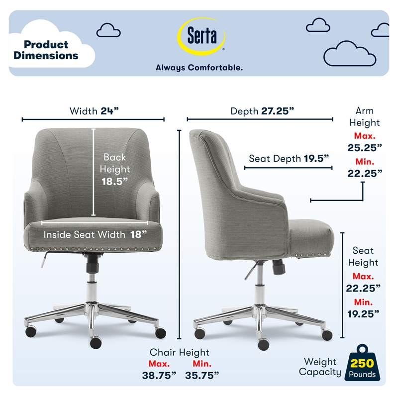 Serta Leighton Home Office Desk Chair Chrome Nailheads Twill Fabric Medium Gray