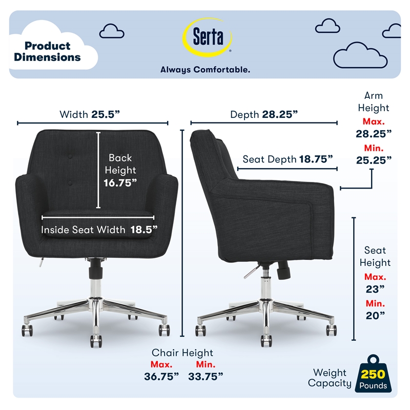 Serta Ashland Home Office Desk Chair Memory Foam Cushion Charcoal Twill Fabric