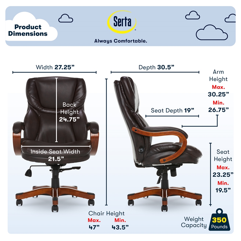 Serta Conway Big and Tall Executive Office Chair with Wood Accents Brown