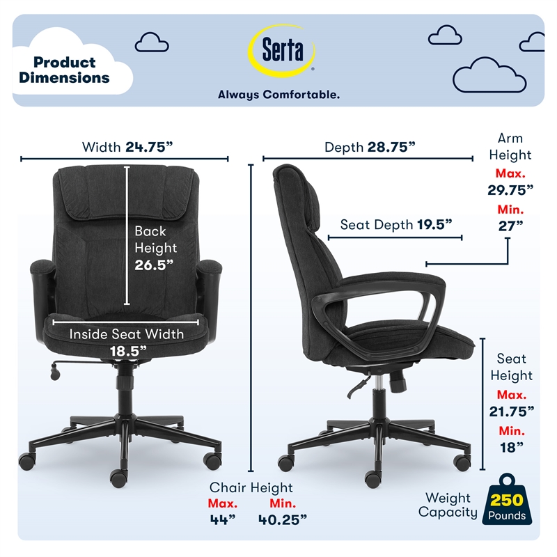 Serta Hannah Microfiber Office Chair with Headrest Pillow Charcoal Gray