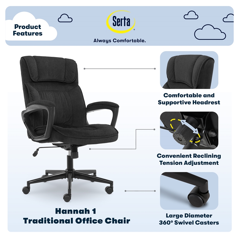 Serta Hannah Microfiber Office Chair with Headrest Pillow Charcoal Gray