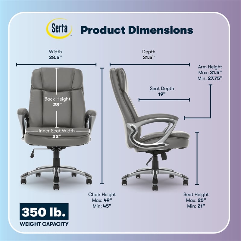 Serta Fairbanks Big and Tall Executive Office Chair Gray Bonded Leather