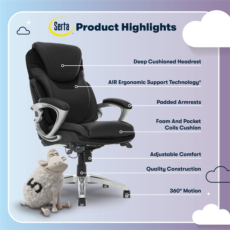 Serta Bryce Office Chair Patented AIR Lumbar Technology Bonded Leather Black