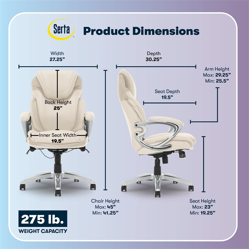 Serta Bryce Office Chair Patented AIR Lumbar Technology Bonded Leather Cream
