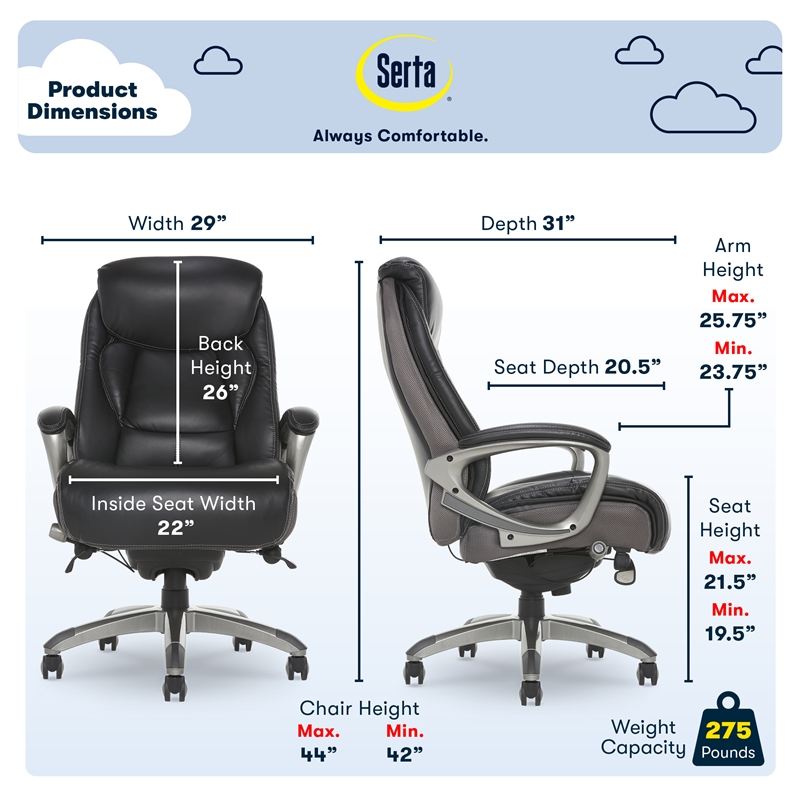 Serta Lautner Executive Office Chair Black Bonded Leather and Gray Mesh