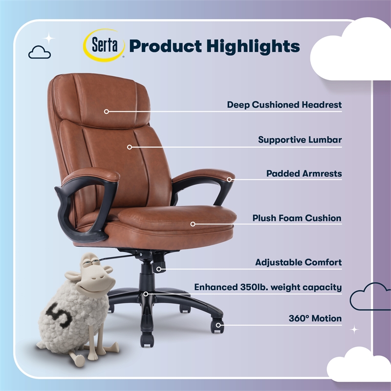 Serta Fairbanks Big and Tall Executive Office Chair Cognac Bonded Leather