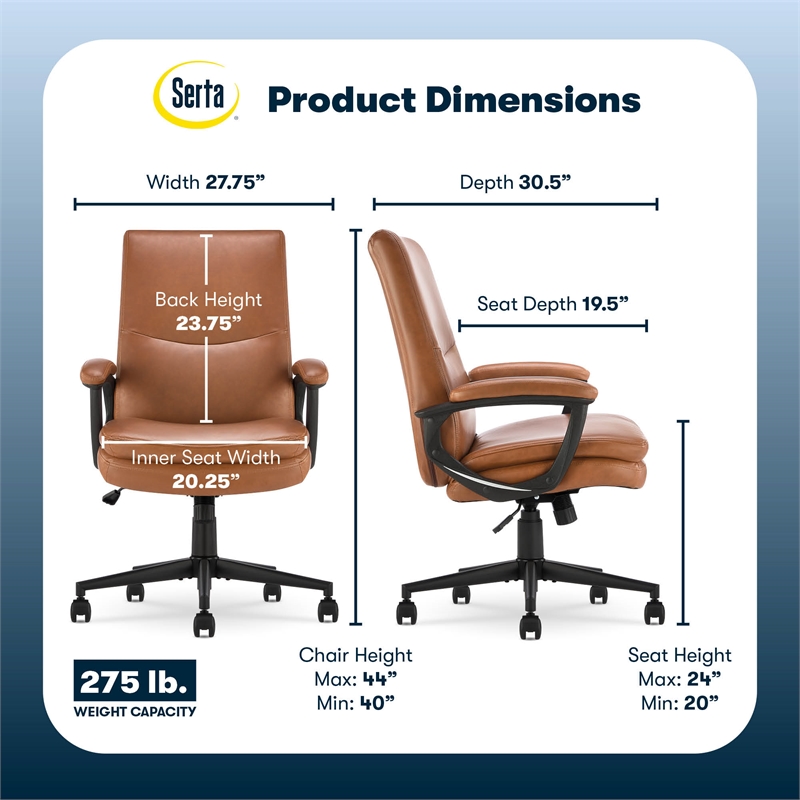 Serta Comfort Modern Executive Office Chair Metal Base Bonded Leather Cognac