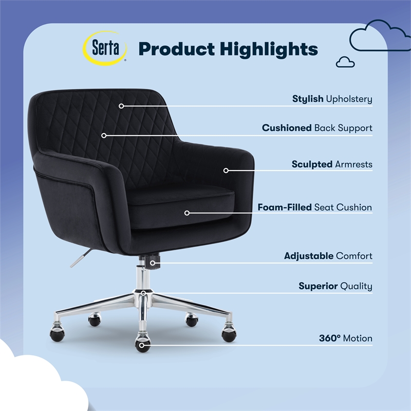Serta Ashleigh Modern Office Chair Diamond-Tufted Design Black Velvet Fabric