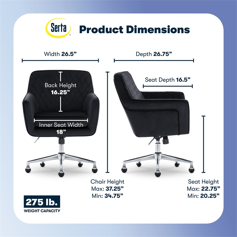 Serta Ashleigh Modern Office Chair Diamond-Tufted Design Black Velvet Fabric