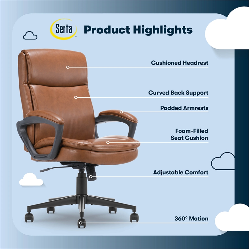 Serta Comfort Ergo Executive Office Chair Ergonomic with Cognac Bonded Leather