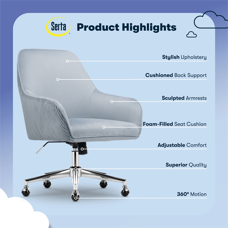 Serta Chloe Modern Office Chair Pleated Mid-Back Chrome Metal Base Blue Velvet