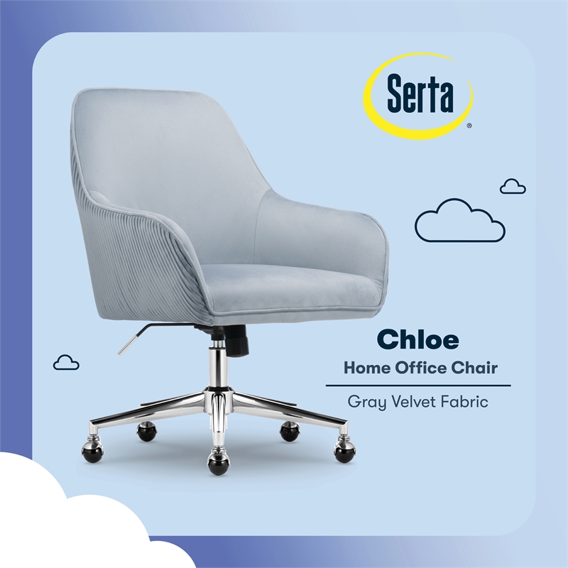 Serta Chloe Modern Office Chair Pleated Mid-Back Chrome Metal Base Blue Velvet