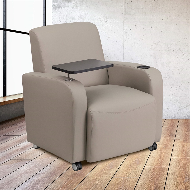Flash Furniture Leather Guest Chair with Cup Holder in Gray