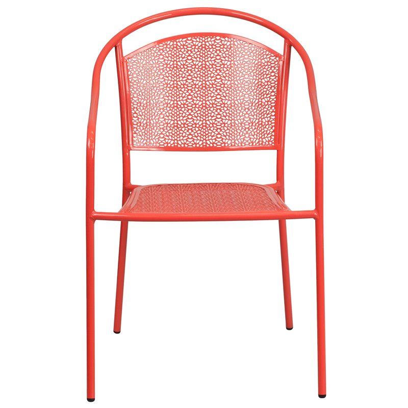 Flash Furniture Stackable Steel Round Back Patio Dining Side Chair in Coral Red