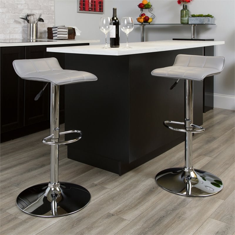 Flash Furniture Faux Leather Adjustable Quilted Wave Seat Bar Stool in Gray