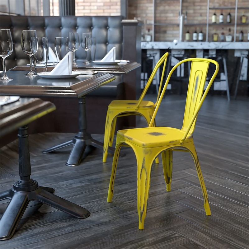 Flash Furniture Metal Curved Slat Back Dining Side Chair in Distressed Yellow