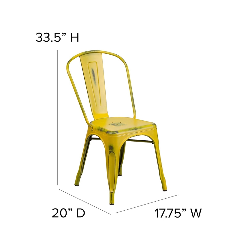 Flash Furniture Metal Curved Slat Back Dining Side Chair in Distressed Yellow