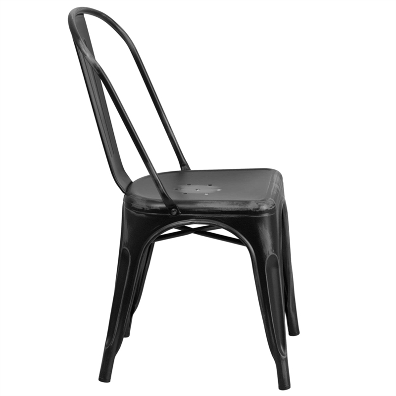 Flash Furniture Metal Curved Slat Back Dining Side Chair in Distressed Black