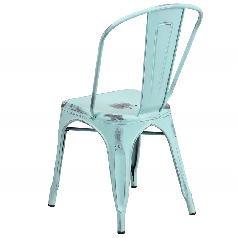 Flash Furniture Metal Curved Slat Back Dining Side Chair in Green Blue