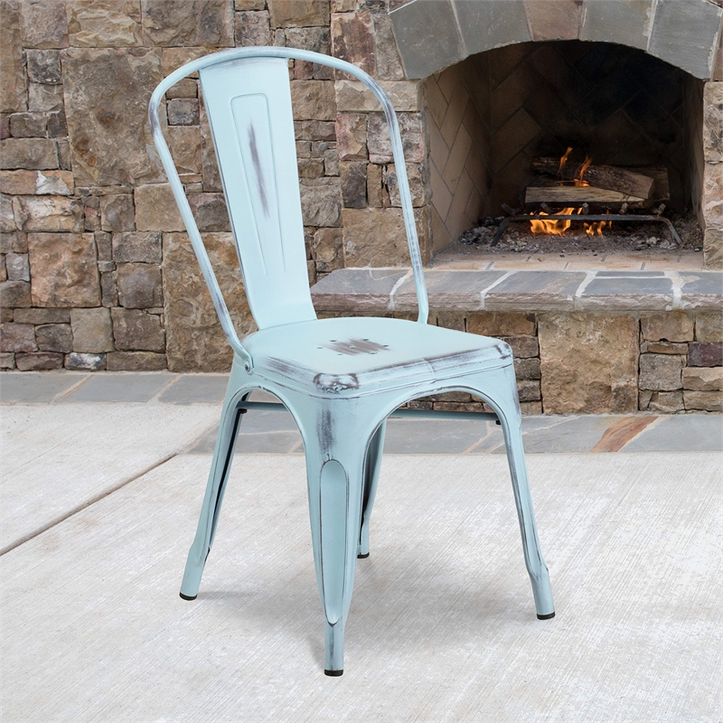 Flash Furniture Metal Curved Slat Back Dining Side Chair in Green Blue