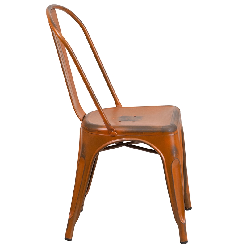 Flash Furniture Metal Curved Slat Back Dining Side Chair in Distressed Orange