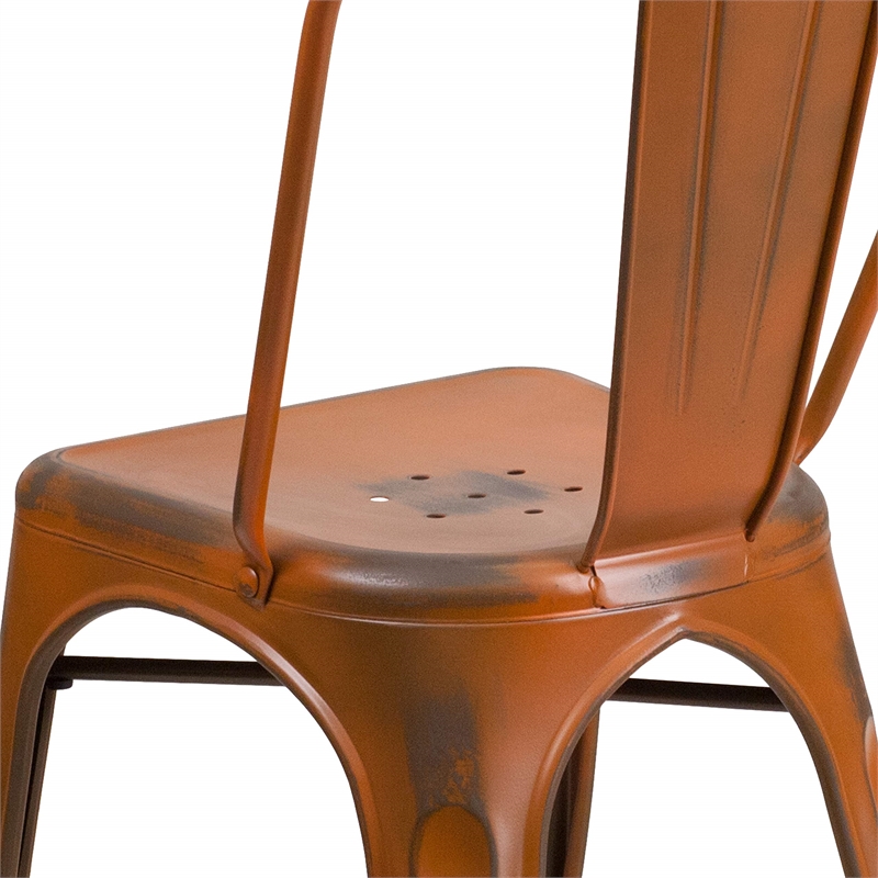 Flash Furniture Metal Curved Slat Back Dining Side Chair in Distressed Orange
