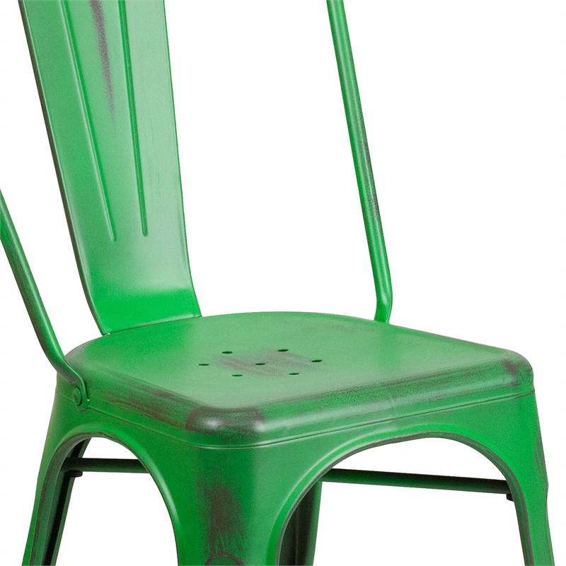 Flash Furniture Metal Curved Slat Back Dining Side Chair in Distressed Green