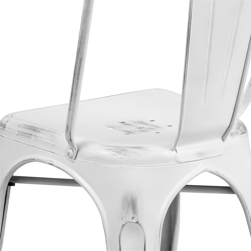 Flash Furniture Metal Curved Slat Back Dining Side Chair in Distressed White