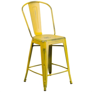 Flash Furniture 24&quot Metal Curved Slat Back Counter Stool in Distressed Yellow