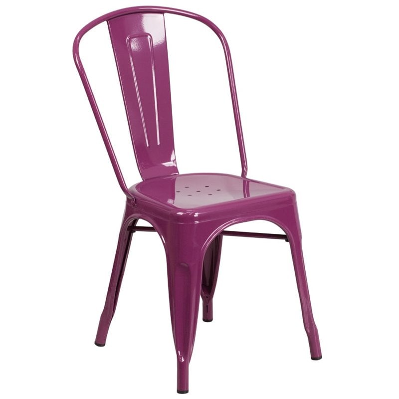 Flash Furniture Metal Curved Slat Back Dining Side Chair in Purple