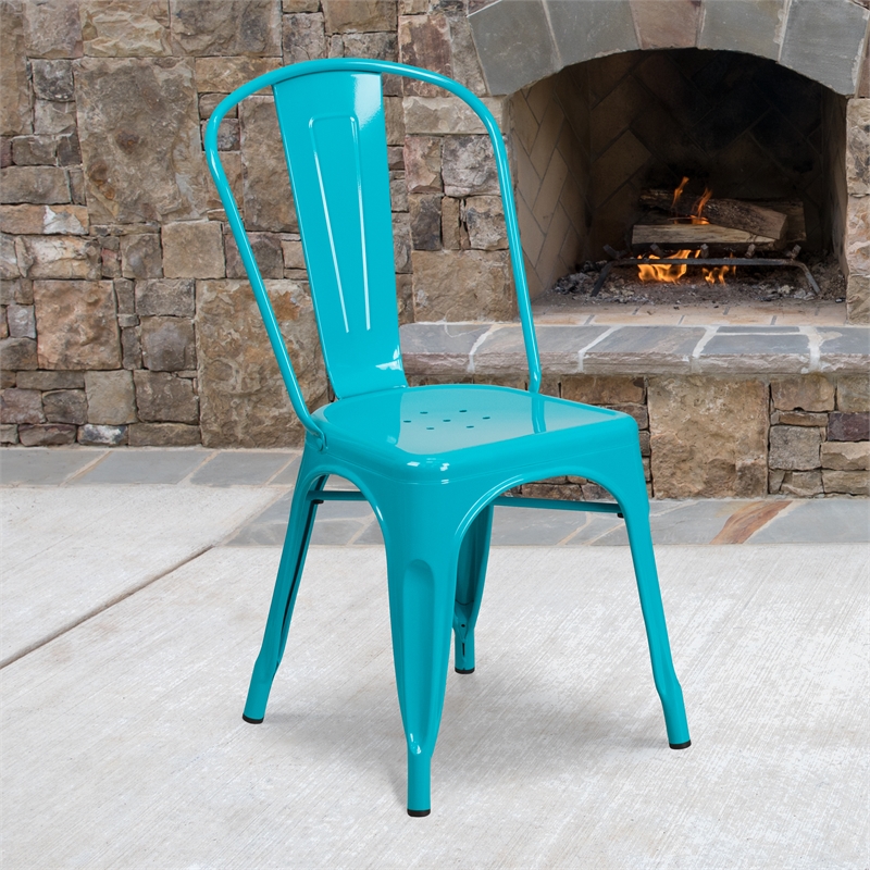 Flash Furniture Metal Curved Slat Back Dining Side Chair in Crystal Blue