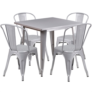 Flash Furniture 5 Piece 31.5&quot Square Metal Dining Set in Silver