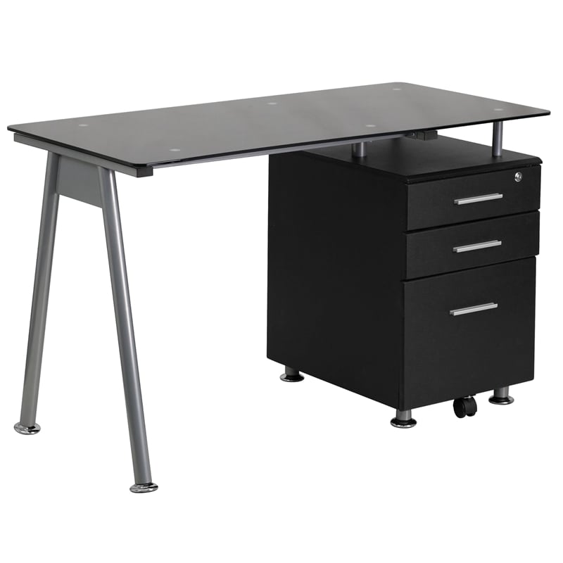Flash Furniture 3 Drawer Glass Top Home Office Desk in Black
