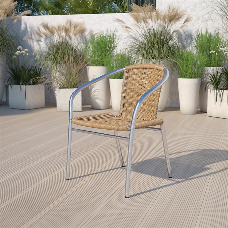 Flash Furniture Aluminum and Rattan Stacking Patio Chair in Beige