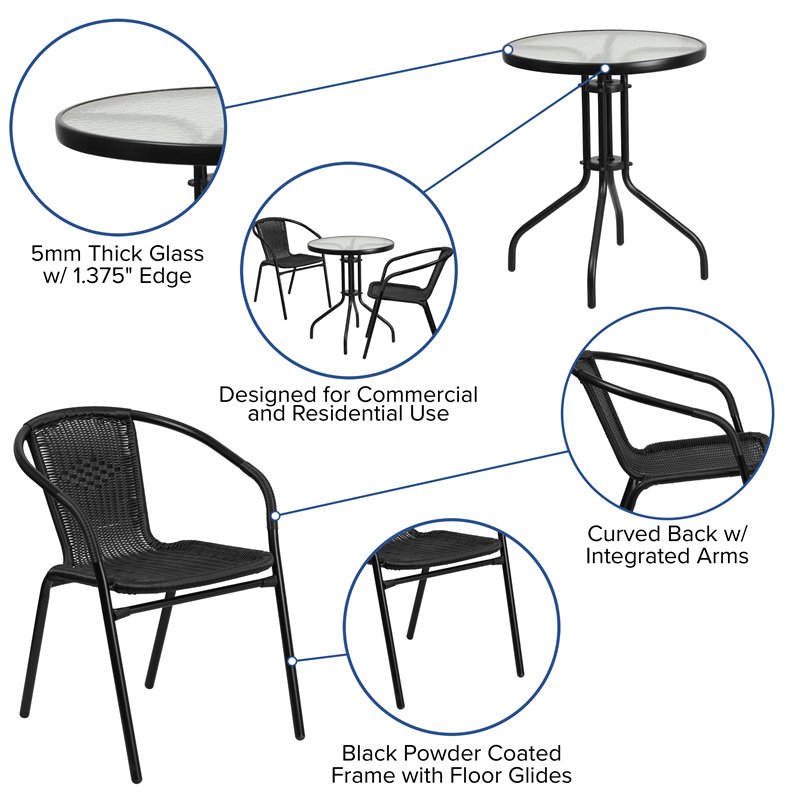 Flash Furniture 3 Piece Round Patio Bistro Set in Black