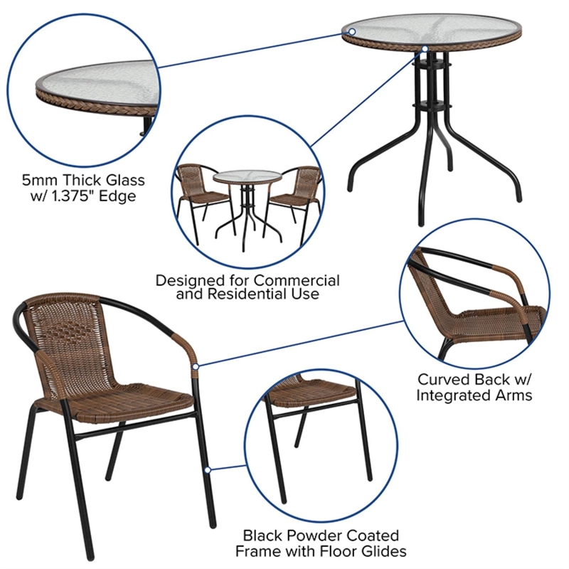 Flash Furniture 3 Piece Round Patio Dining Set in Black and Brown