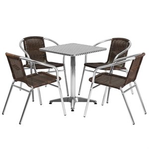 Flash Furniture 5 Piece Square Patio Bistro Set in Aluminum and Brown