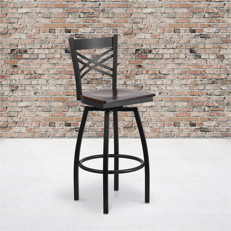 Flash Furniture Metal Restaurant Swivel Bar Stool in Black and Walnut